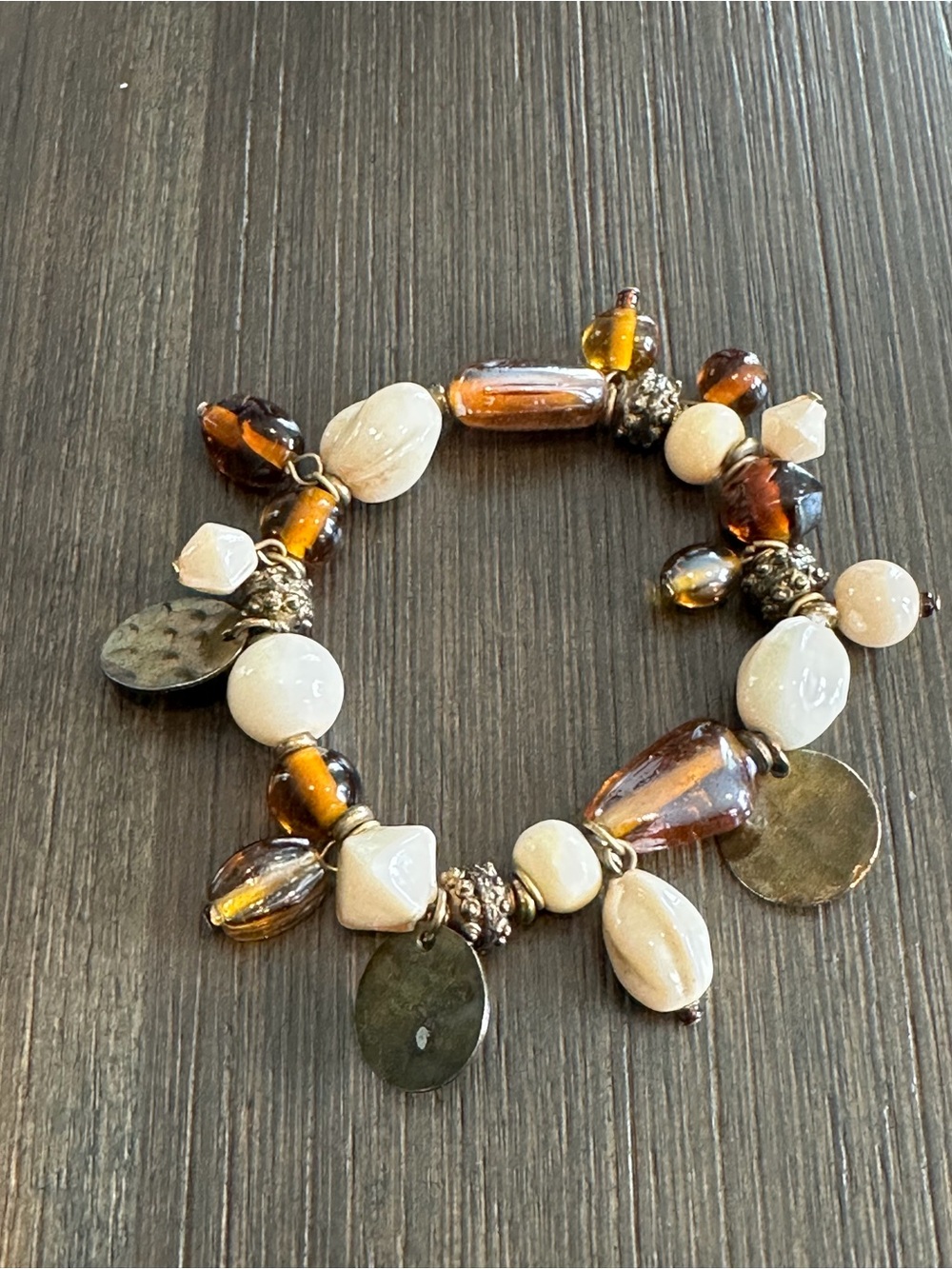 Chunky Amber Glass & Cream Marbled Bead Bracelet Vintage